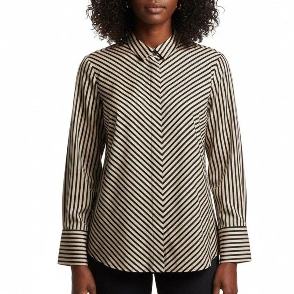 Chico's Sz 16-18 No Iron Striped Button Down 100% Cotton Brown Corpcore Classic